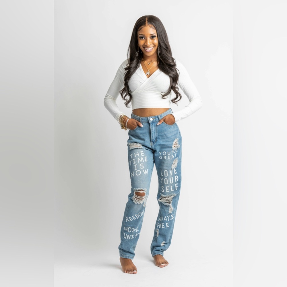 Women's Blue Jeans with Inspirational Text